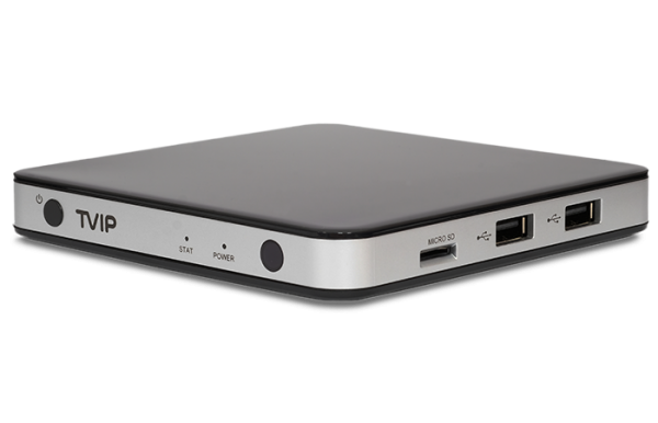 TVIP S-Box v.605 Chipset Amlogic S905X quad core 1,5 GHz Video resolution 3840x2160 (HDR) 3D Graphics OpenGL ES 2.0 (Mali-450 penta core) Memory RAM 1 Gb, Flash 8 Gb Interfaces HDMI, AV, Ethernet, 2xUSB, MicroSD Card, ext.IR, WiFi 802.11 (b/g/n/ac) 2,4/5 GHz, Bluetooth Operating system Linux or Android 8.0 (Oreo) Supported Middleware TVIP TMS, IPTVPORTAL, Open JSON API, Stalker, Microimpuls, Smotreshka, HTML5/JS portals Remote provisioning TR-069 or TVIP XML Containers MPEG-TS, MPEG-PS, MP4, MKV, AVI, MOV, FLV, OGG Protocols UDP, RTP, HTTP, HLS, MPEG-DASH, RTSP, SMB, NFS, DLNA CAS/DRM TVIP, IPTVPORTAL, BISS, Widevine L3, optional: PlayReady, Verimatrix 3.x, Widevine L1 Video codecs H.265(10 bit), VP9, H.264, MPEG4 ASP, Xvid, MPEG2, MJPEG 2160p 60fps Audio codecs MPEG/MP3/MPA, AAC, WMA, OGG, WAV, FLAC, APE Subtitles DVBSUB, VOBSUB, Teletext, SSA/ASS, SubRip